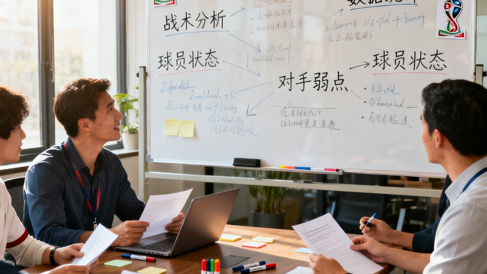 世界杯今日赛程团队在办公室开会，白板上写满战术与数据分析